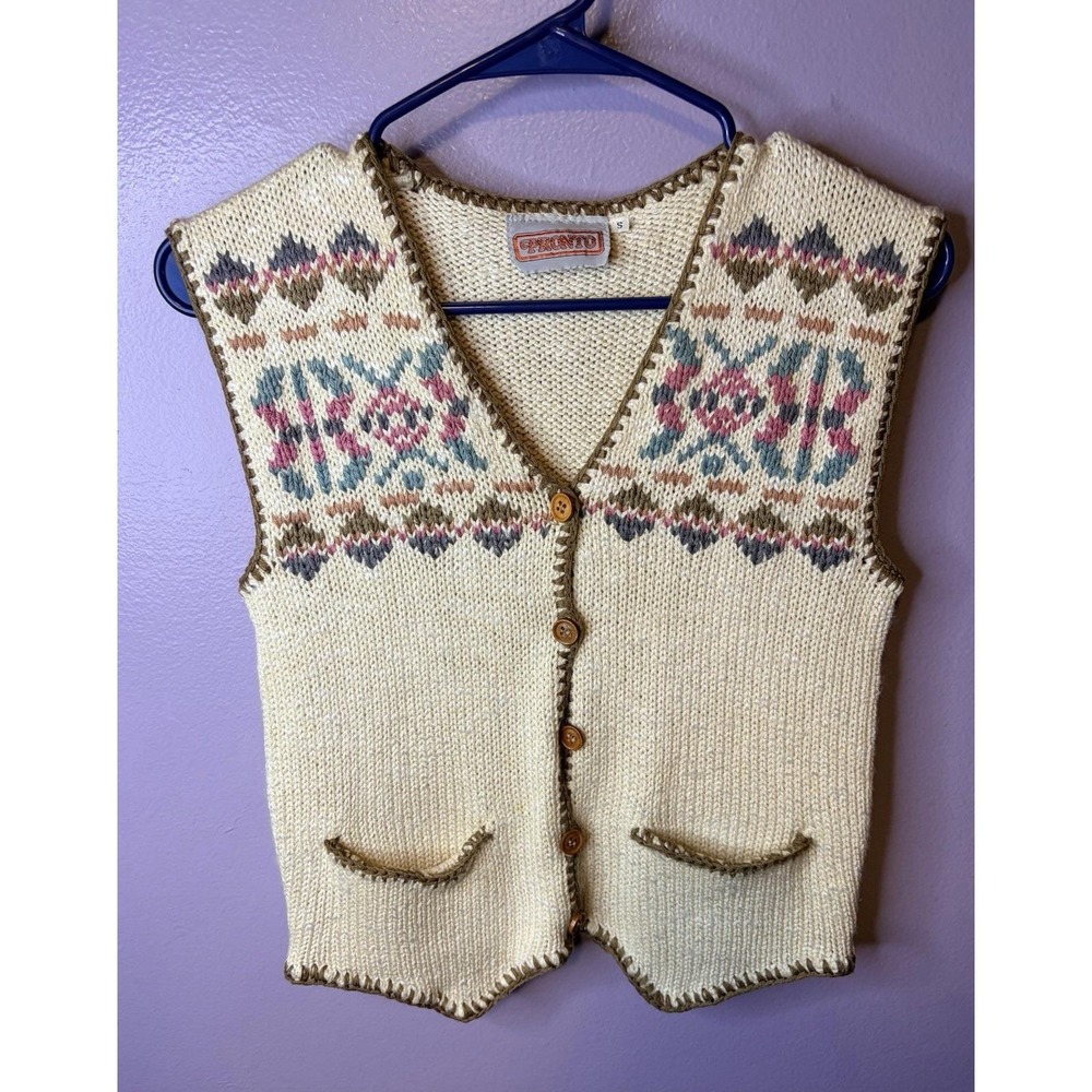 Vtg Grannycore Knit Sweater‎ Vest Size S Fair Isle Aztec Prairie Folk Top Retro